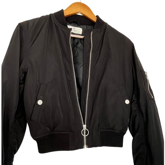 H&M Jackets & Blazers - H M Black Bomber Jacket Full Zip Ring Detail Ribbed Cuffs Sz 10 11